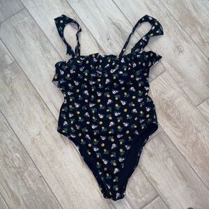 Victorias Secret One Piece Bathing Suit Black Yellow Lemons Cap Ruffles Large